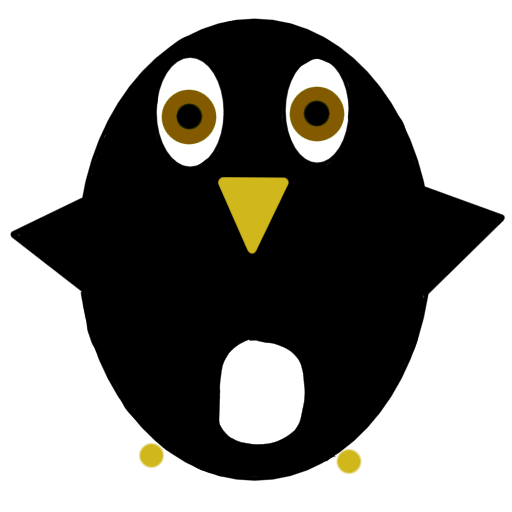 A small round digital drawing of a penguin with large eyes and little circle feet